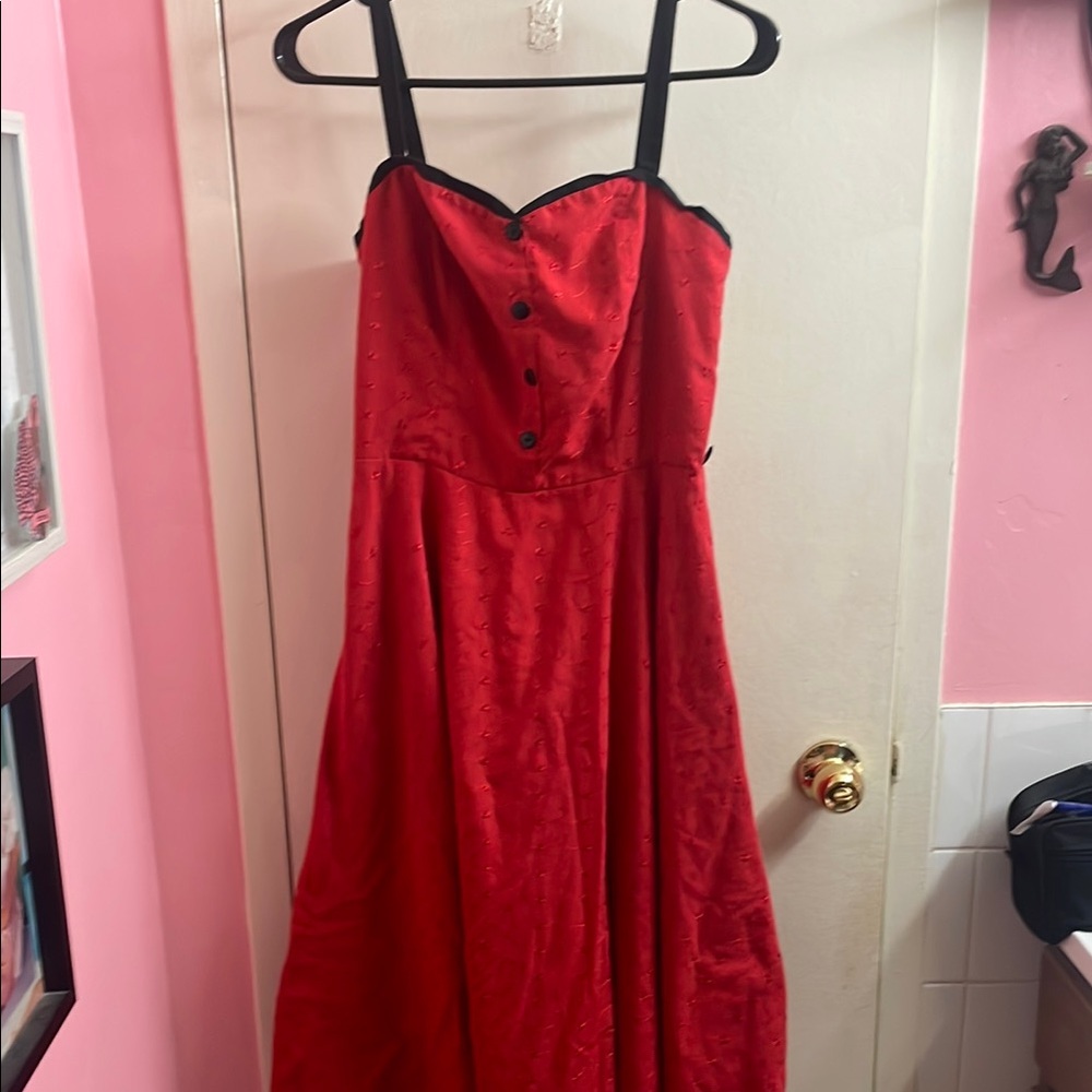 Red Button-Up Dress with Black Straps